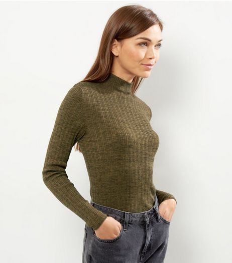 Olive Green Ribbed Funnel Neck Cropped Jumper | New Look