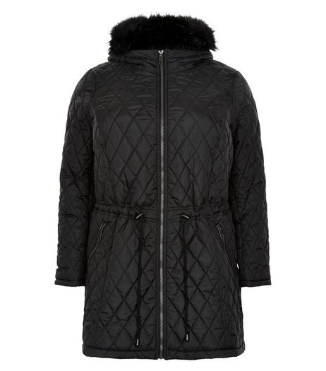 Curves Black Faux Fur Hooded Quilted Coat | New Look