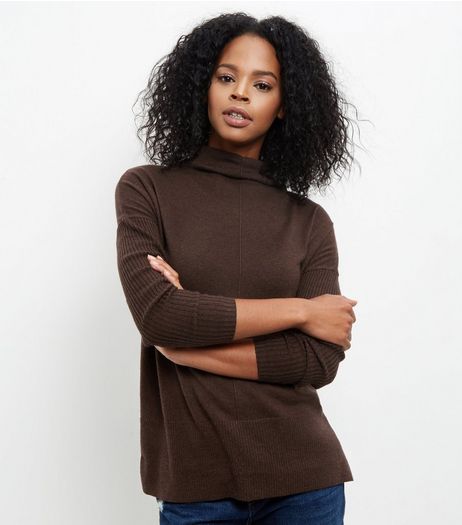 Dark Brown Funnel Neck Step Hem Boxy Jumper | New Look