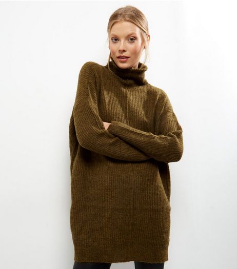 Olive Green Ribbed Funnel Neck Jumper | New Look