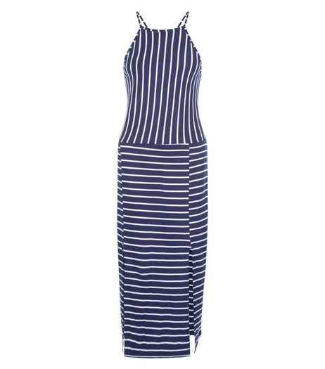 Blue Vanilla Navy Stripe Split Front Dress | New Look