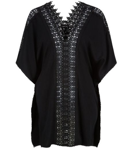 Black Sheer Crochet Panel Kaftan | New Look
