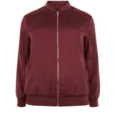 Curves Burgundy Sateen Bomber Jacket | New Look