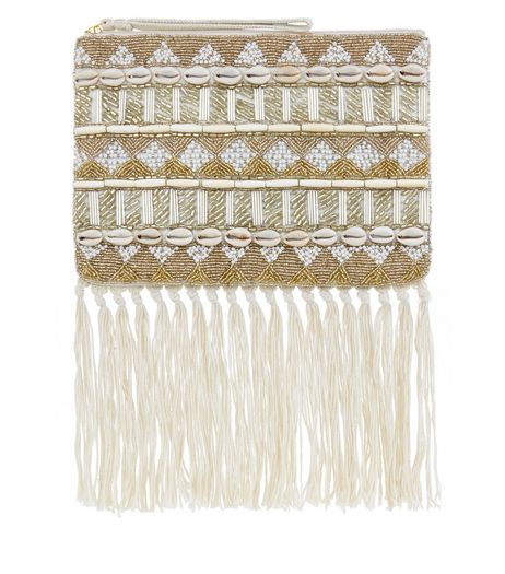 Cream Shell and Bead Embellished Tassel Hem Zip Top Clutch | New Look