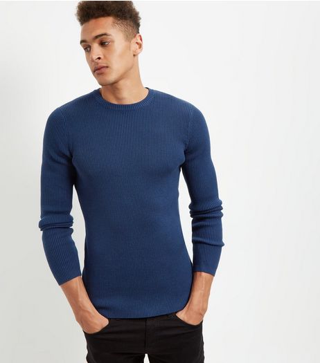 Blue Cotton Ribbed Jumper | New Look