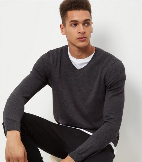 Dark Grey Cotton V Neck Jumper | New Look