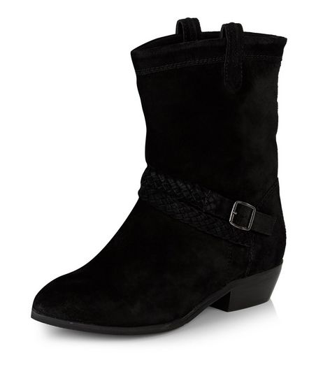 Black Leather Block Heel Buckle Boots | New Look