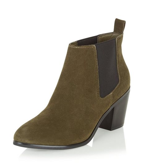 Green Leather Block Heel Ankle Boots | New Look
