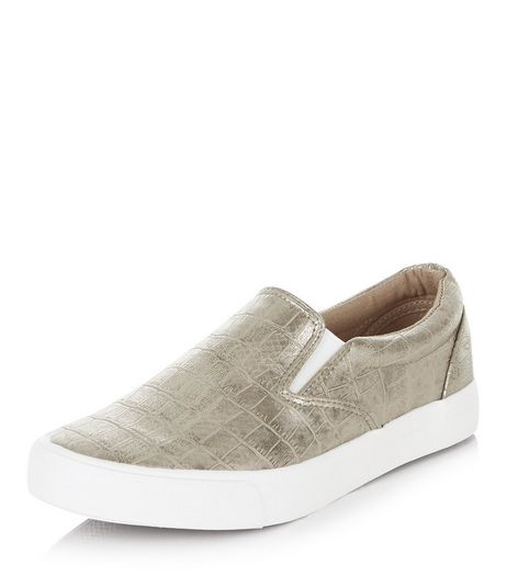 Pewter Metallic Textured Slip On Plimsolls | New Look