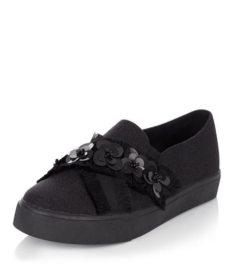 Black Floral Embellished Cross Strap Slip On Plimsolls | New Look
