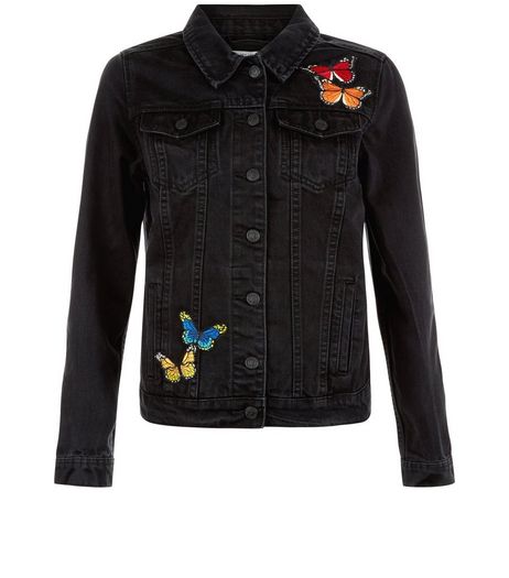 Black Butterfly Badge Denim Jacket | New Look
