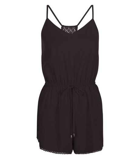 Black Strappy Lace Back Tie Waist Playsuit | New Look