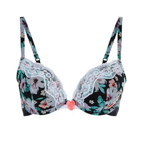 Black Tropical Print Lace Trim Push Up Bra | New Look