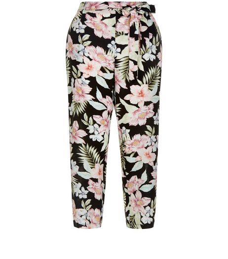 Black Tropical Floral Print Tie Waist Trousers | New Look