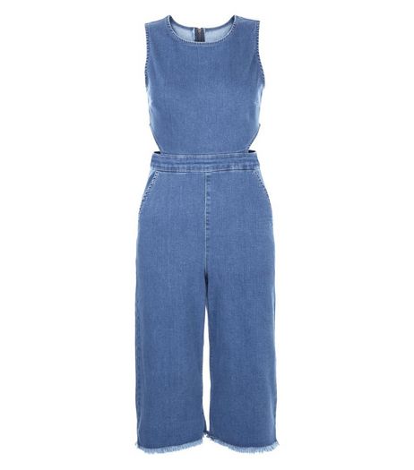 Petite Blue Denim Cut Out Jumpsuit | New Look