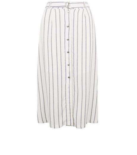 White Stripe Tie Waist Button Front Midi Skirt | New Look