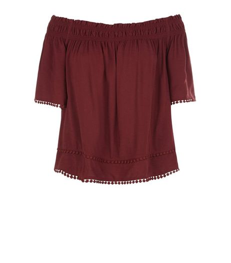 Burgundy Crochet Hem Bardot Neck Top | New Look