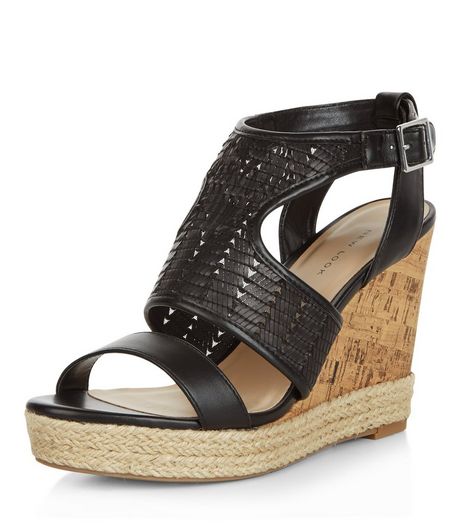 Black Woven Cut Out Wedge Sandals | New Look