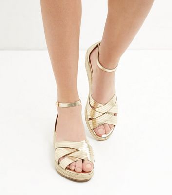 Gold Cross Strap Ankle Strap Flatform Espadrilles  | New Look