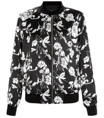 Black Floral Print Bomber Jacket  | New Look