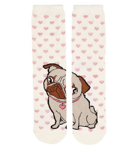 Cream Split Pug Heart Print Socks | New Look