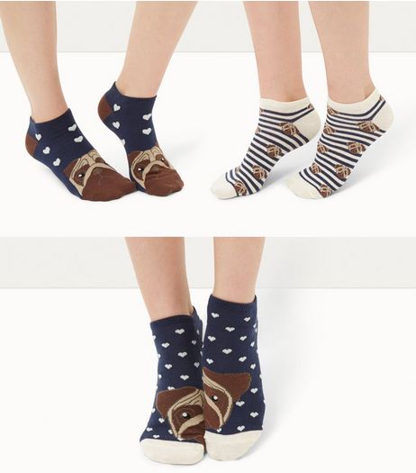 3 Pack Navy Pug Stripe and Heart Print Socks | New Look