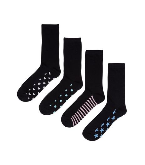 4 Pack Black Heart Spot Star Stripe Print Socks | New Look