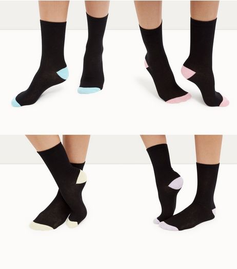 4 Pack Black Contrast Heel Socks | New Look