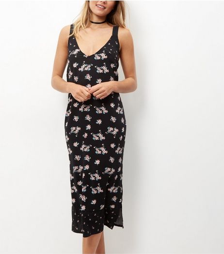 Black Floral Print Split Side Midi Dress | New Look