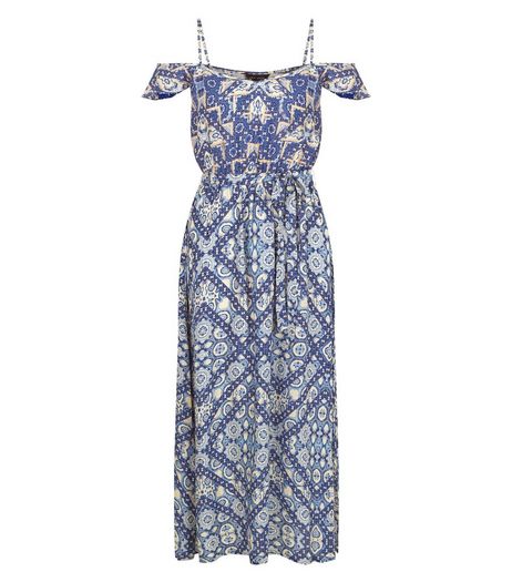 Blue Abstract Print Frill Cold Shoulder Maxi Dress | New Look