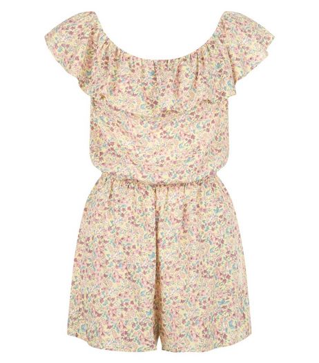 Yellow Ditsy Floral Print Frill Bardot Neck Playsuit | New Look