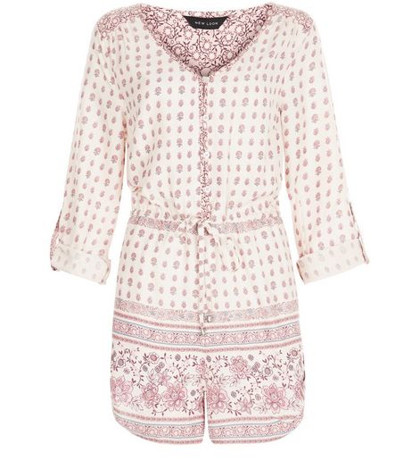 Cream Tile Print Shirt Playsuit | New Look