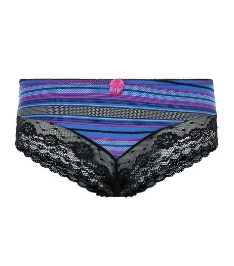 Blue Stripe Lace Leg Brazilian Briefs | New Look