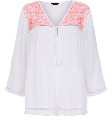 White and Pink Embroidered Panel Tie Front Kimono | New Look