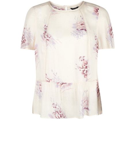 White Floral Print Lace Trim Peplum Top | New Look