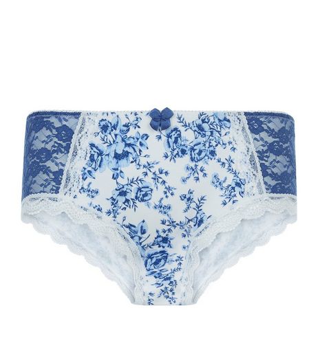 Blue Floral Print Panel Lace Side Short Briefs | New Look