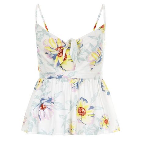 White Floral Print Tie Front Peplum Cami | New Look