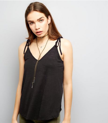 Black Tie Strap V Neck Cami Top | New Look