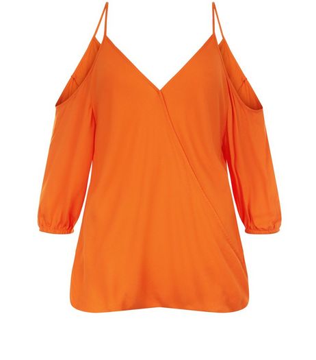 Bright Orange Wrap Front Cold Shoulder Top | New Look