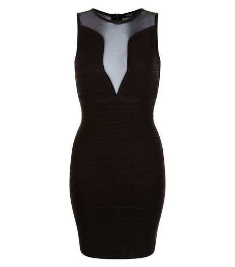 Petite Black Mesh Bandage Panel Bodycon Dress | New Look