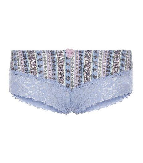 Blue Aztec Stripe Print Lace Leg Brazilian Briefs | New Look