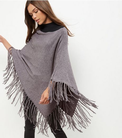 Grey Fringed Poncho | New Look