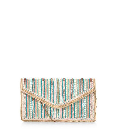 Pink Sequin Stripe Clutch | New Look