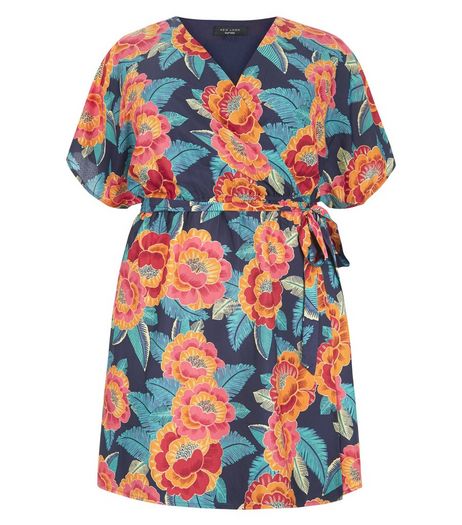 Curves Blue Tropical Print Wrap Dress | New Look
