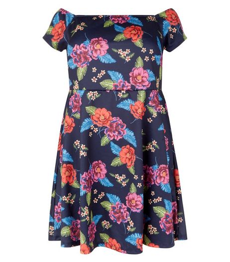 Curves Navy Floral Print Bardot Neck Dress | New Look