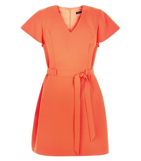 Bright Orange Tie Waist Flutter Sleeve Dress | New Look