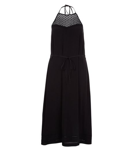 Black Crochet Panel Halter Neck Midi Dress | New Look