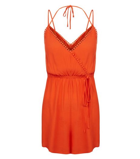 Petite Orange Pom Pom Trim Playsuit | New Look