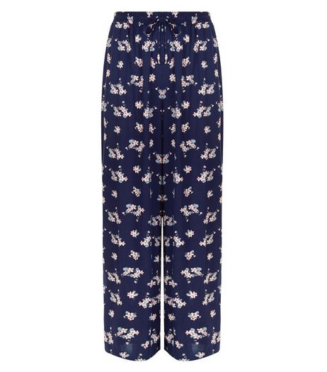 Curves Blue Floral Print Wide Leg Trousers | New Look