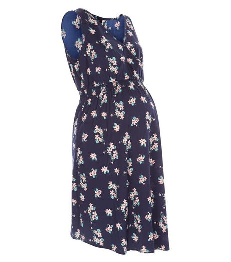 Maternity Blue Floral Print Wrap Sleeveless Dress | New Look